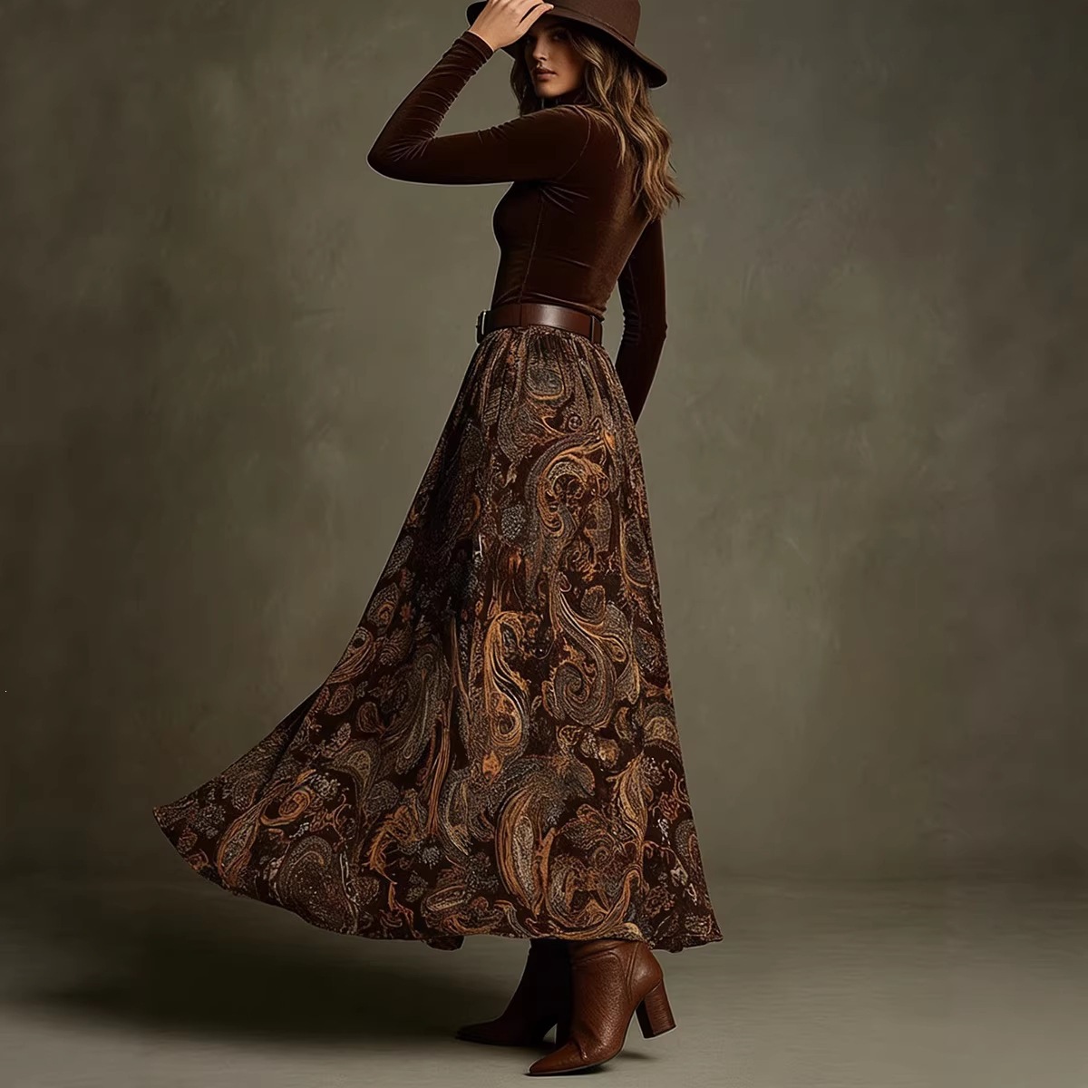 Slim-Fit Top & Vintage Floral Maxi Skirt Set with Belt