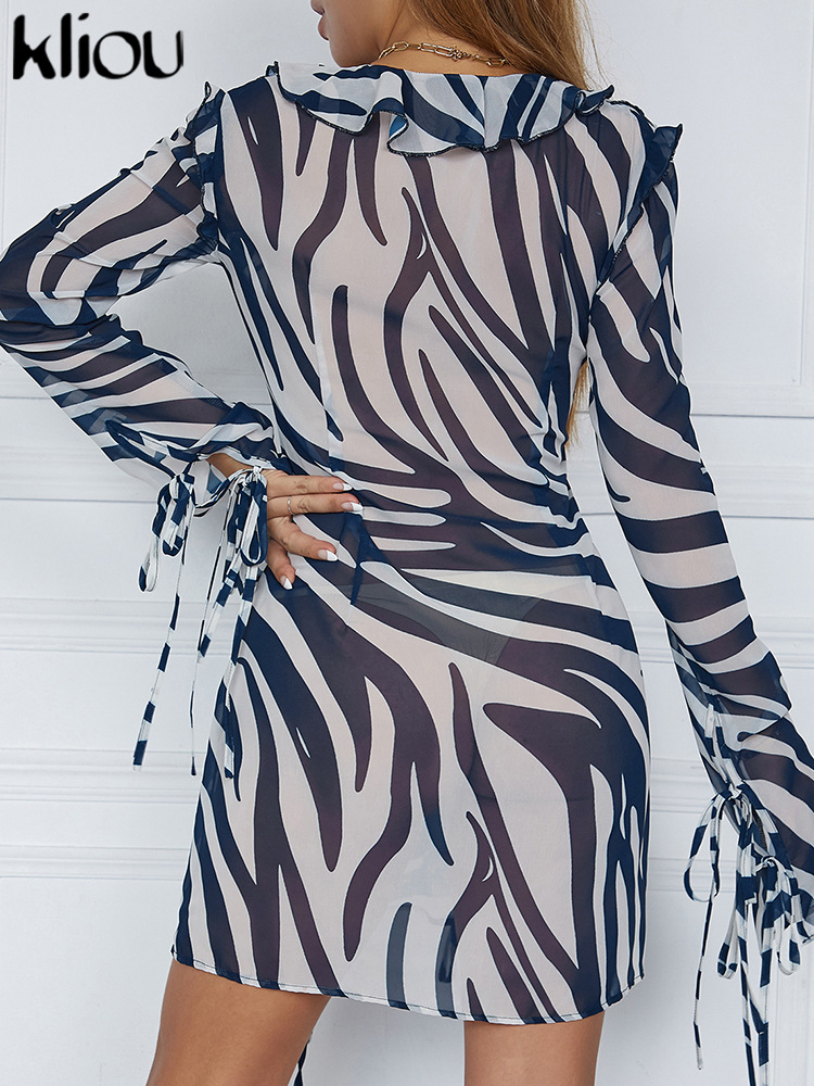 Women's Sexy V-Neck Long Sleeve Striped Lace-Up Dress