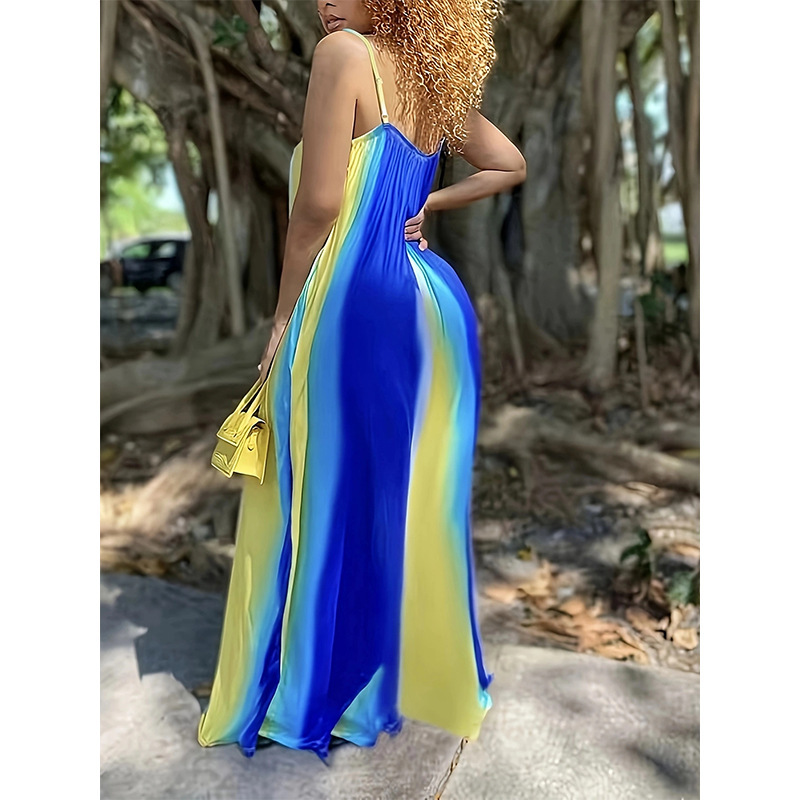 Sexy Gradient Striped Deep V-Neck Cami Dress