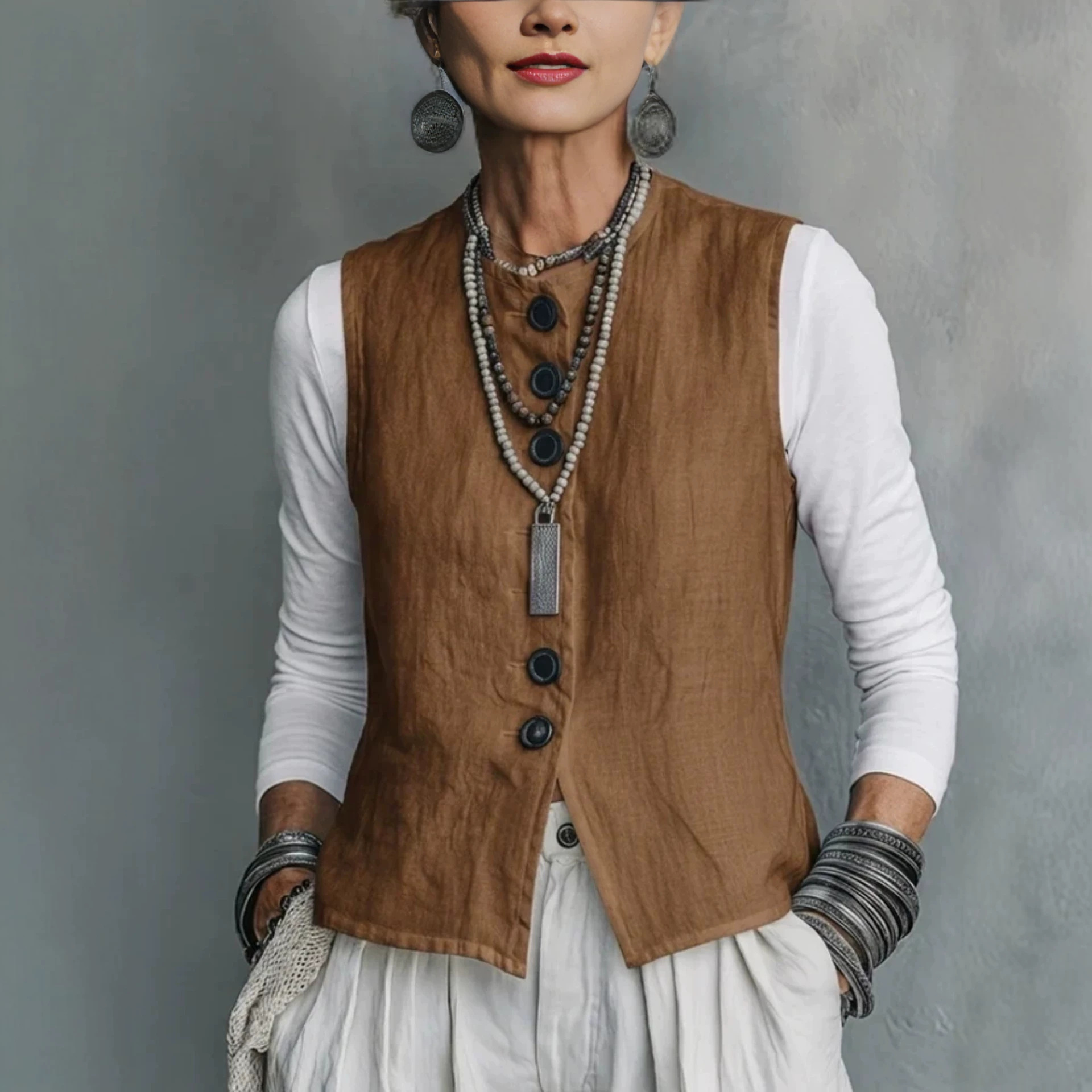 Retro Sleeveless Solid Button-Front Vest Women's Loose Casual Top