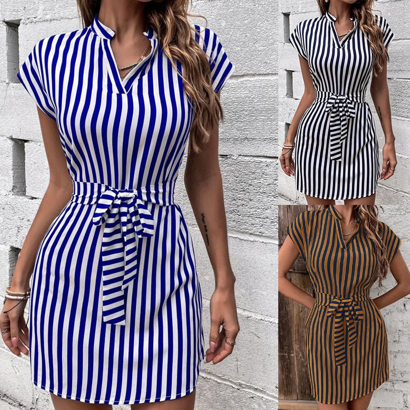 Striped Batwing Sleeve Tie Dress