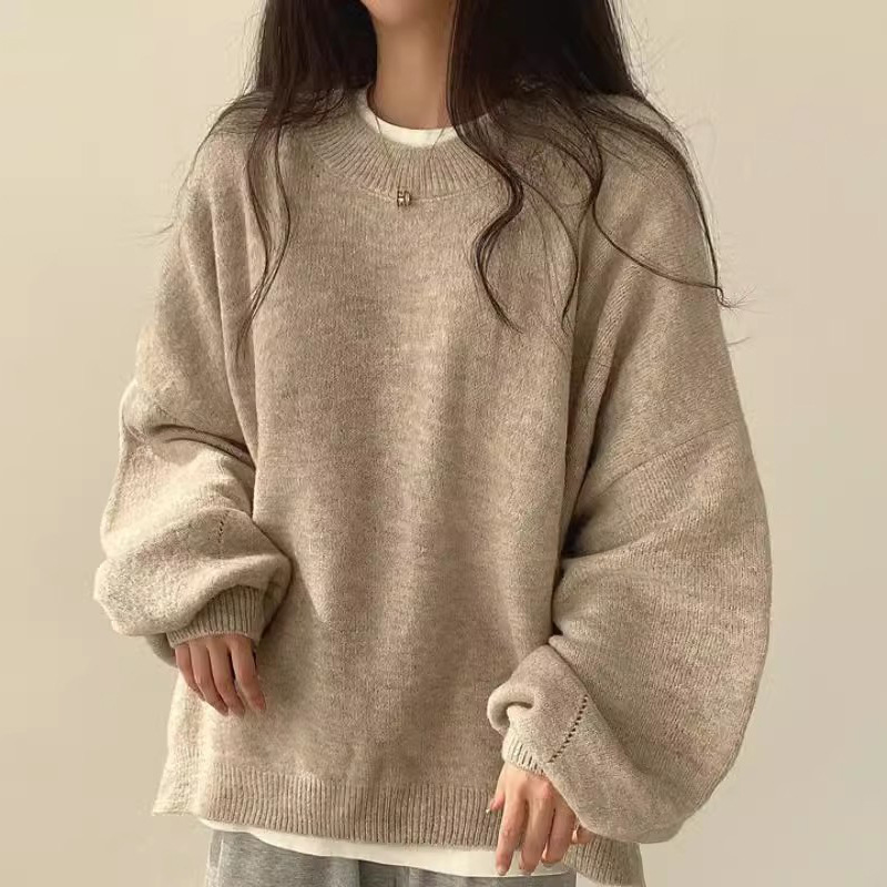 Korean Chic Lazy Style Round Neck Side Slit Loose Knit Sweater
