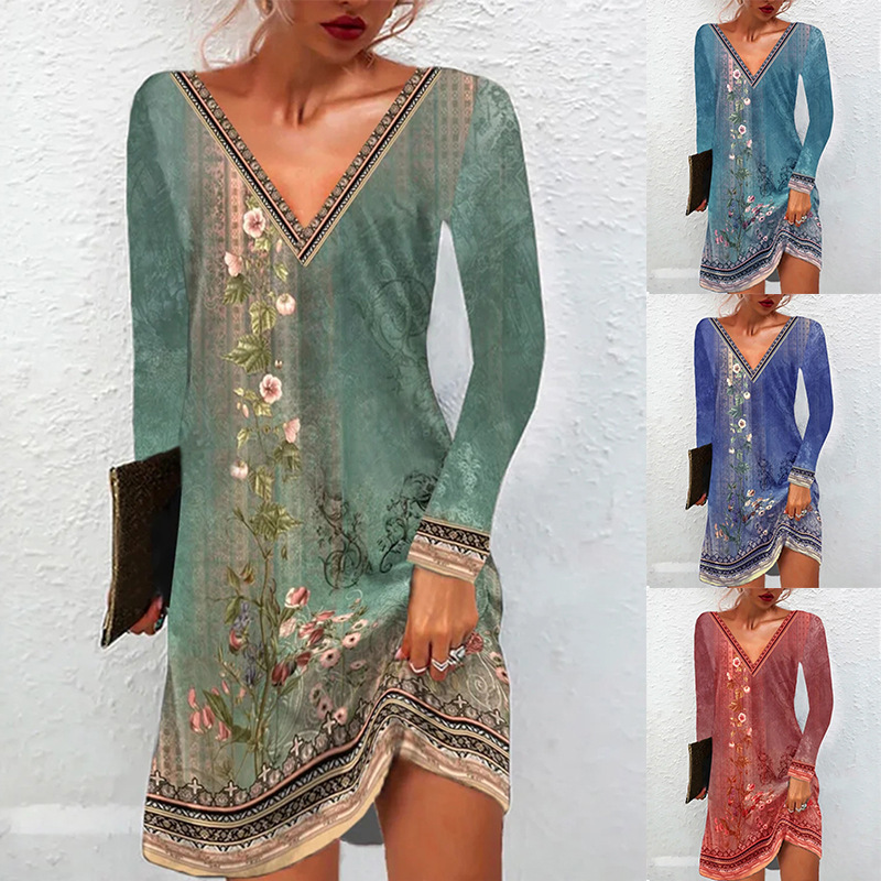 Women's Ethnic Floral Print V-Neck A-Line Dress Long Sleeve