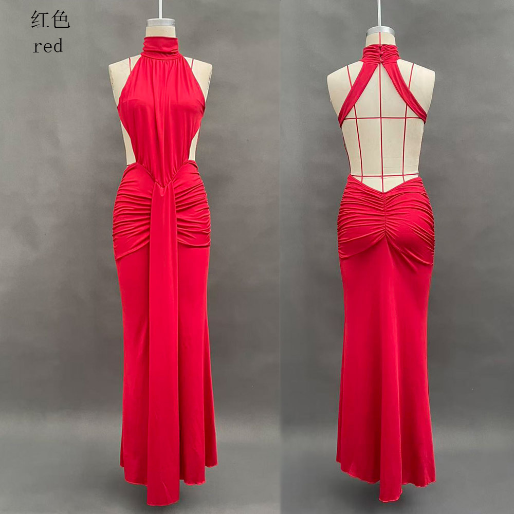 Women's Halter Neck Ruched Bodycon Maxi Dress High Neck Open Back Evening Gown