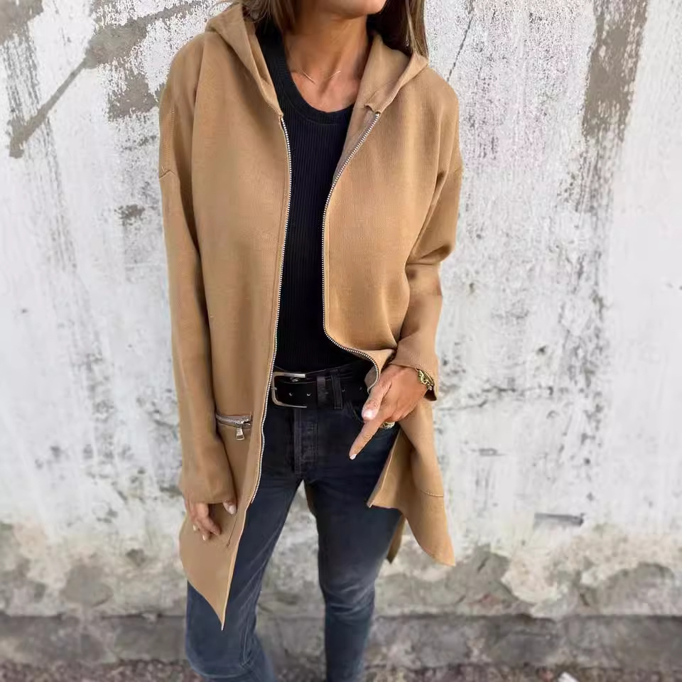 Women's Long Sleeve Hooded Loose Casual Mid-Length Cardigan Coat
