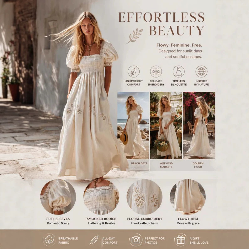 Ivory Square-Neck Bubble-Sleeve High-Waist Long Dress