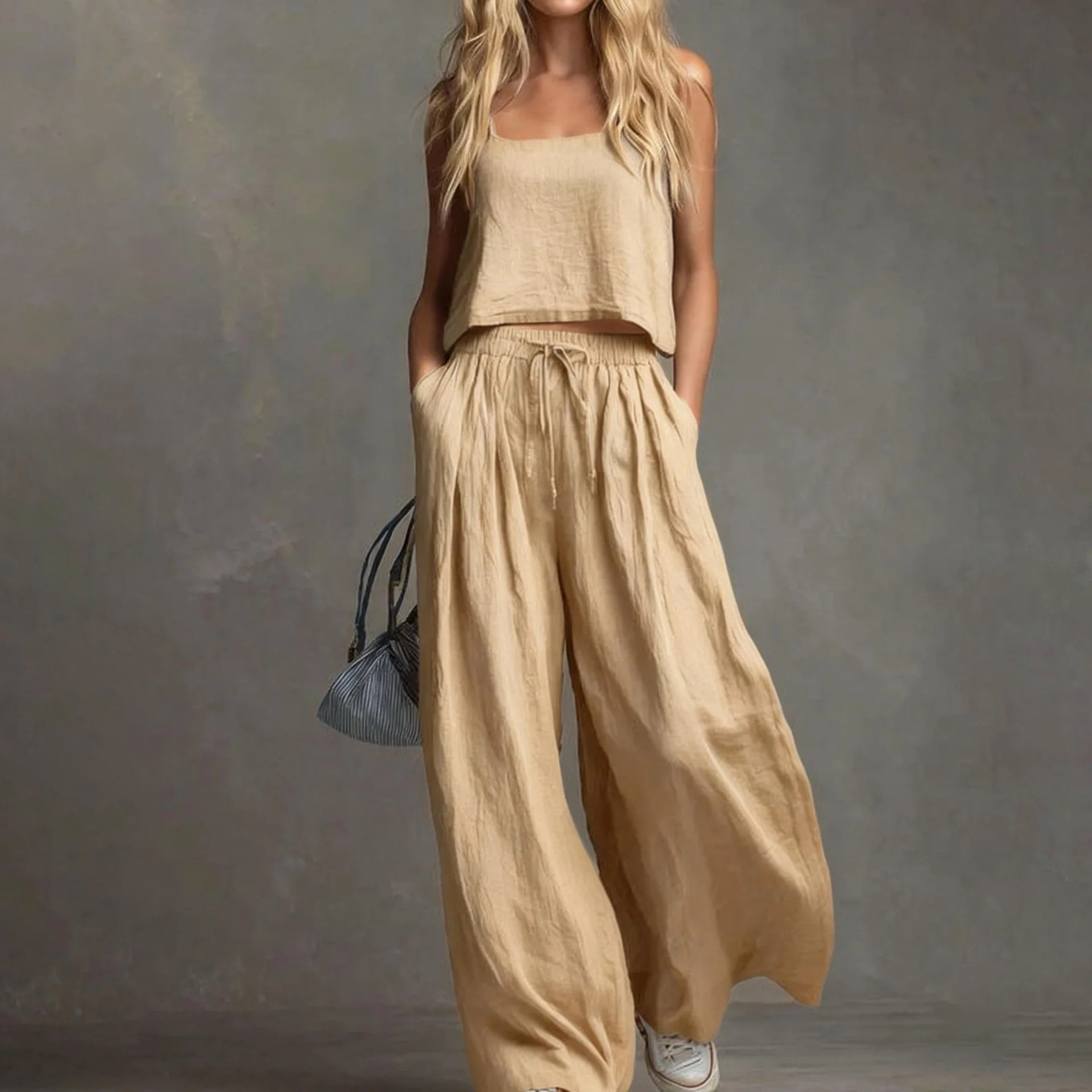 Women's Solid Sleeveless Cami Top and Wide-Leg Pants Set
