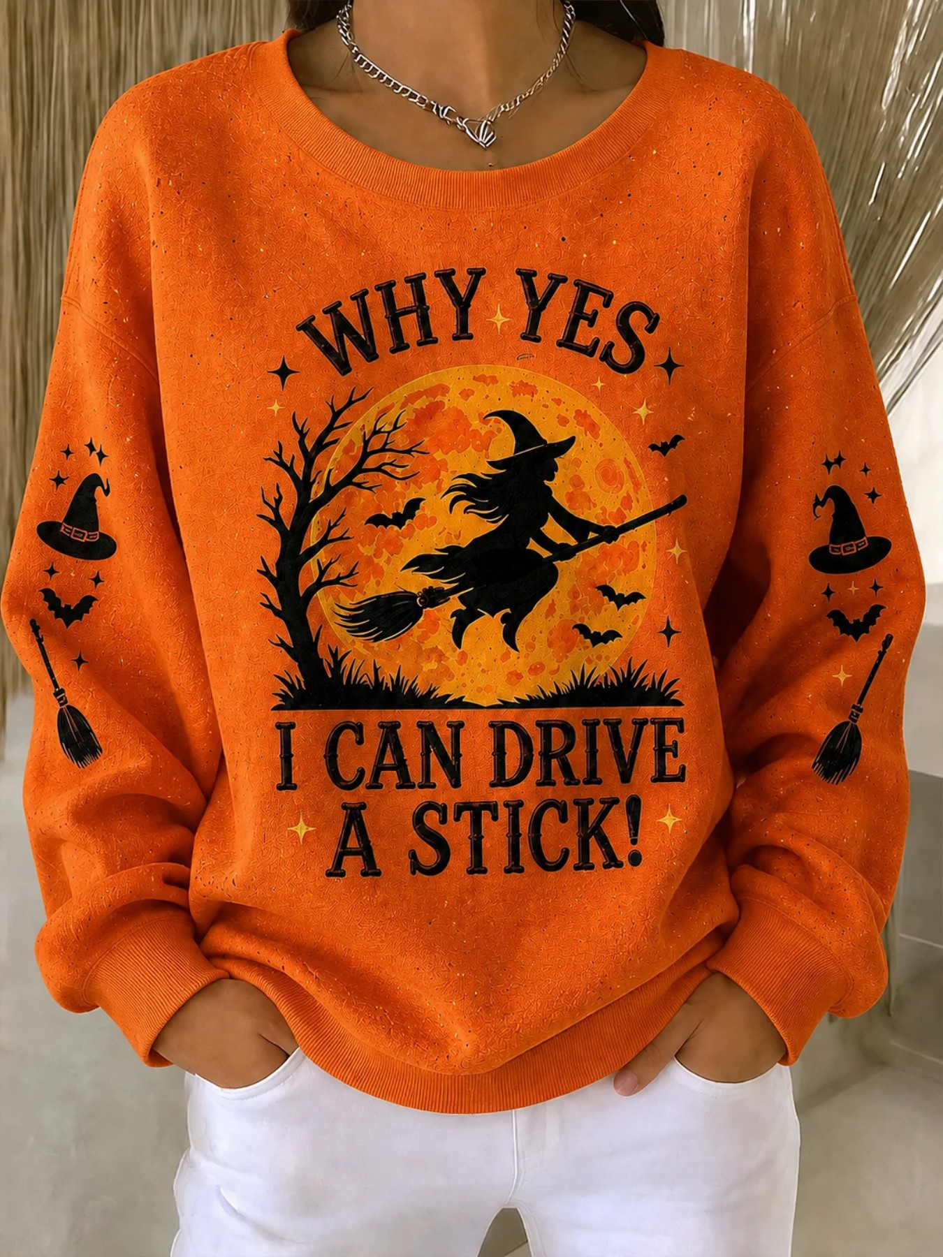 Halloween Witch Broom Flying Print Crewneck Long Sleeve Sweatshirt