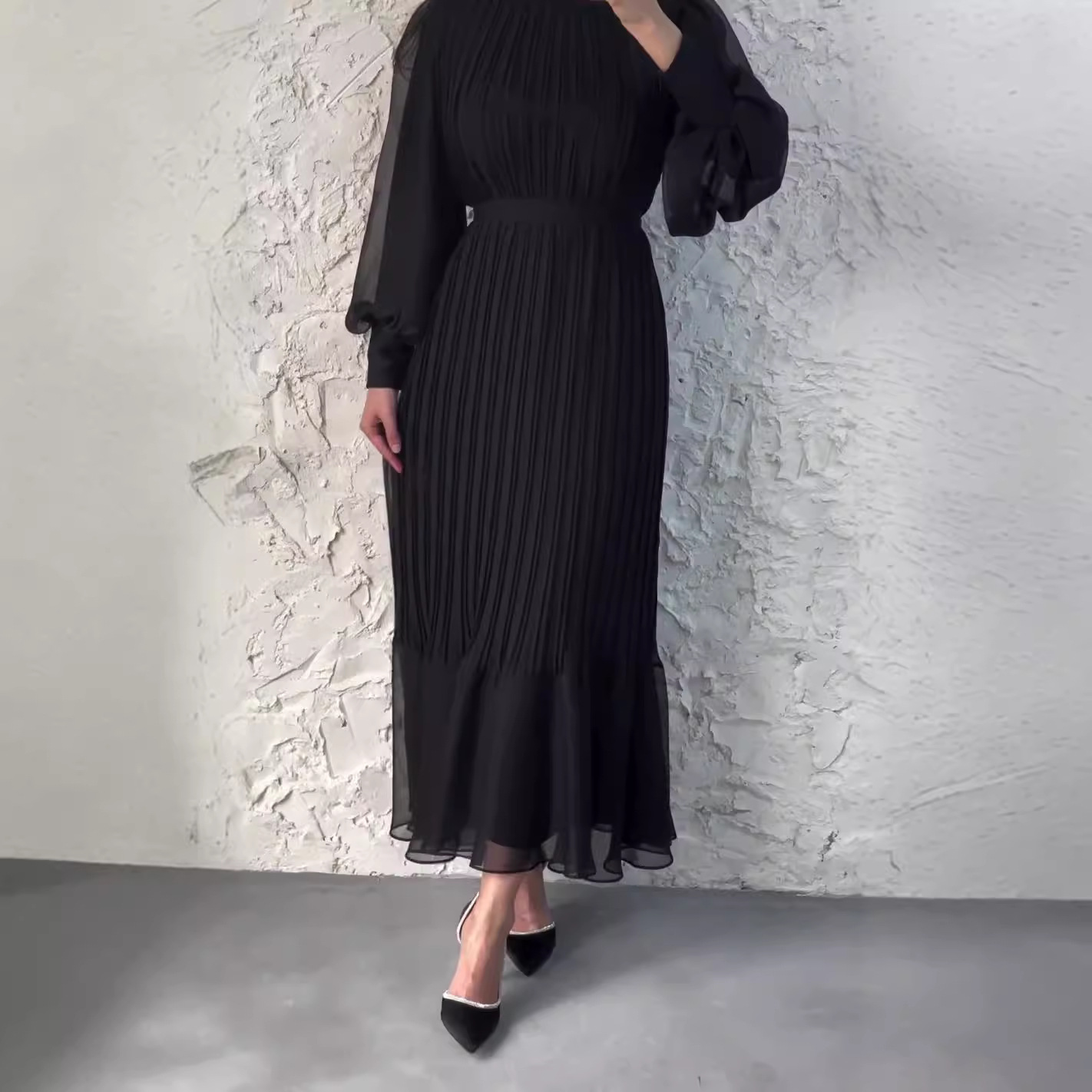 Women's Long Sleeve Mesh Panel Pleated Ruffle Hem Maxi Dress