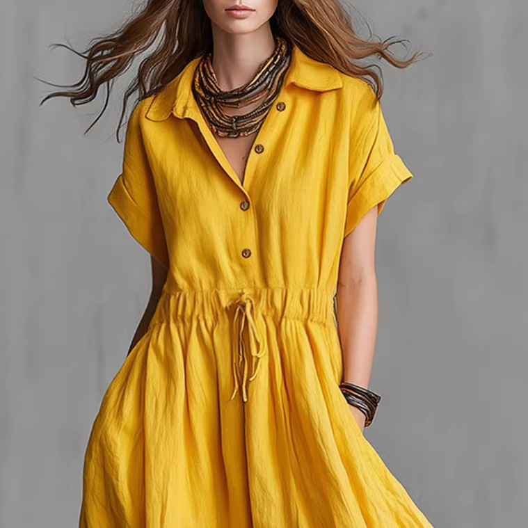 Retro Yellow Short Sleeve Long Dress with Cinched Waist
