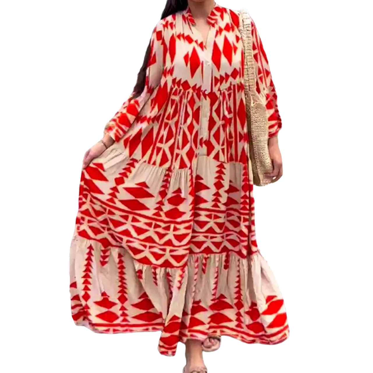 Plus Size Bohemian Print Shirt Dress V-Neck A-Line Long Sleeve
