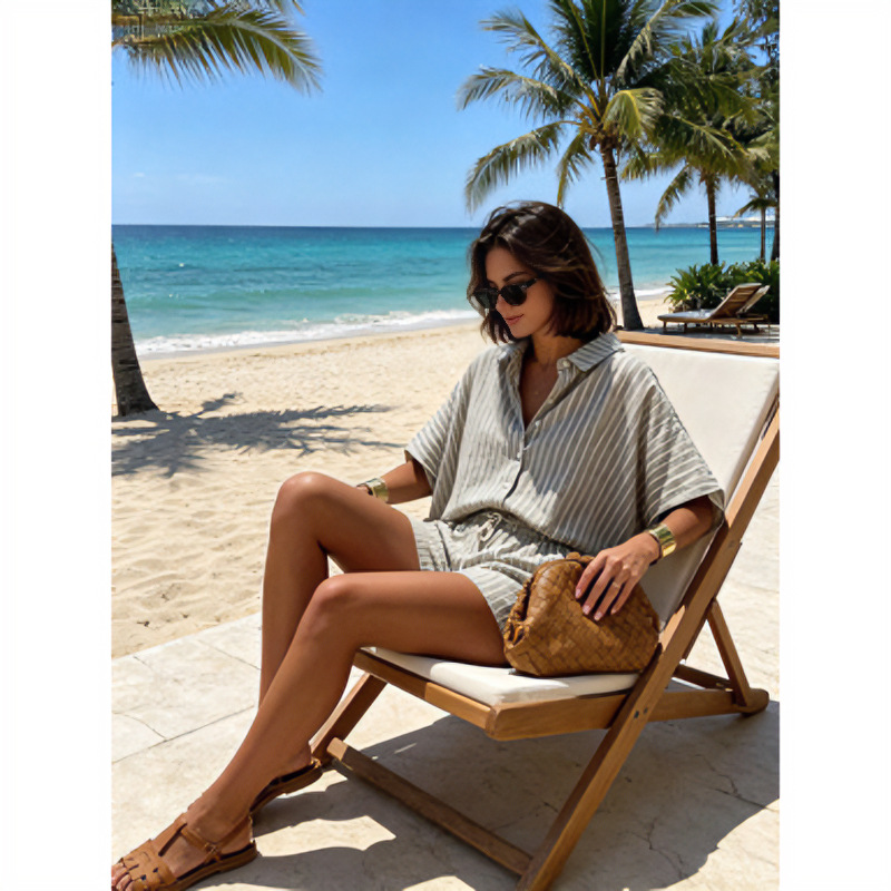 Striped Shirt and Pocket Shorts Set Women's Loose Casual Two-Piece
