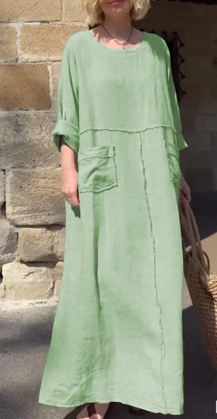 Women's Cotton-Linen Long Sleeve Round Neck Pleated Dress with Pockets