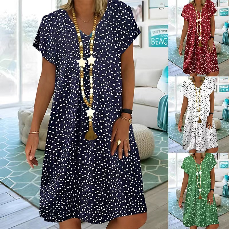 Casual V-Neck Short Sleeve Polka Dot Heart Print Midi Dress