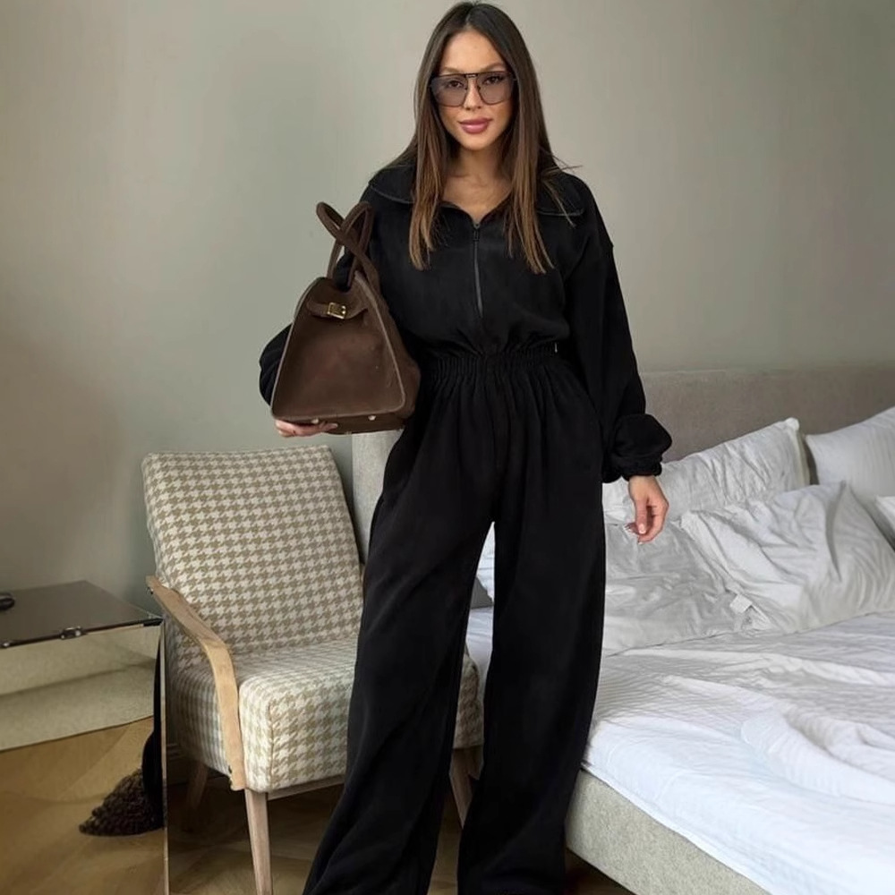 Women's Long Sleeve Jumpsuit with Half Placket and Elastic Waist