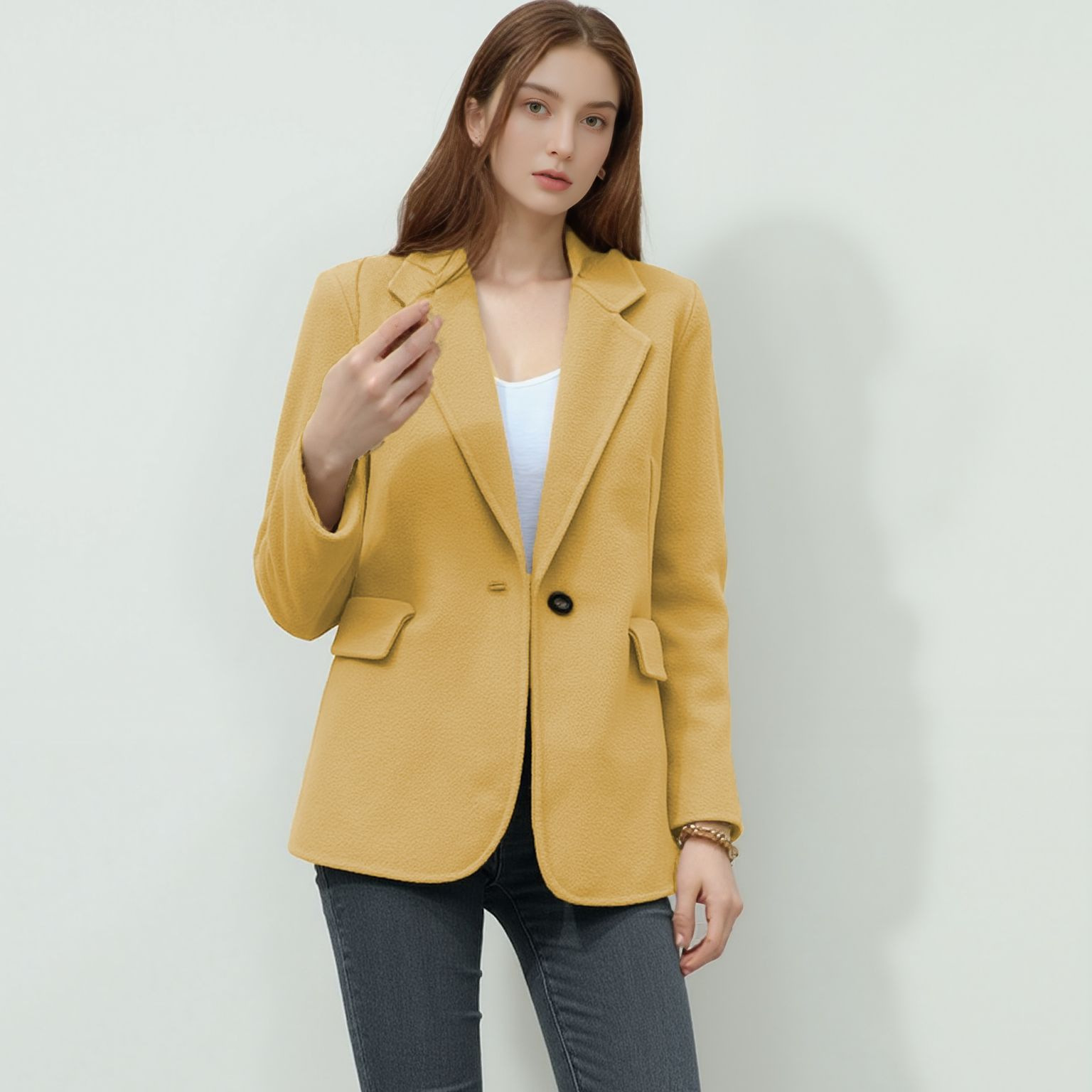 Women's Casual Wool Blend Blazer with Lapel Collar Button Pocket