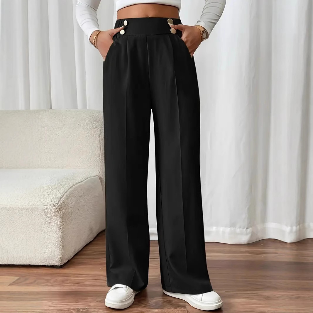 High-Waist Wide-Leg Straight Pants with Drape, Solid Color Minimalist Design