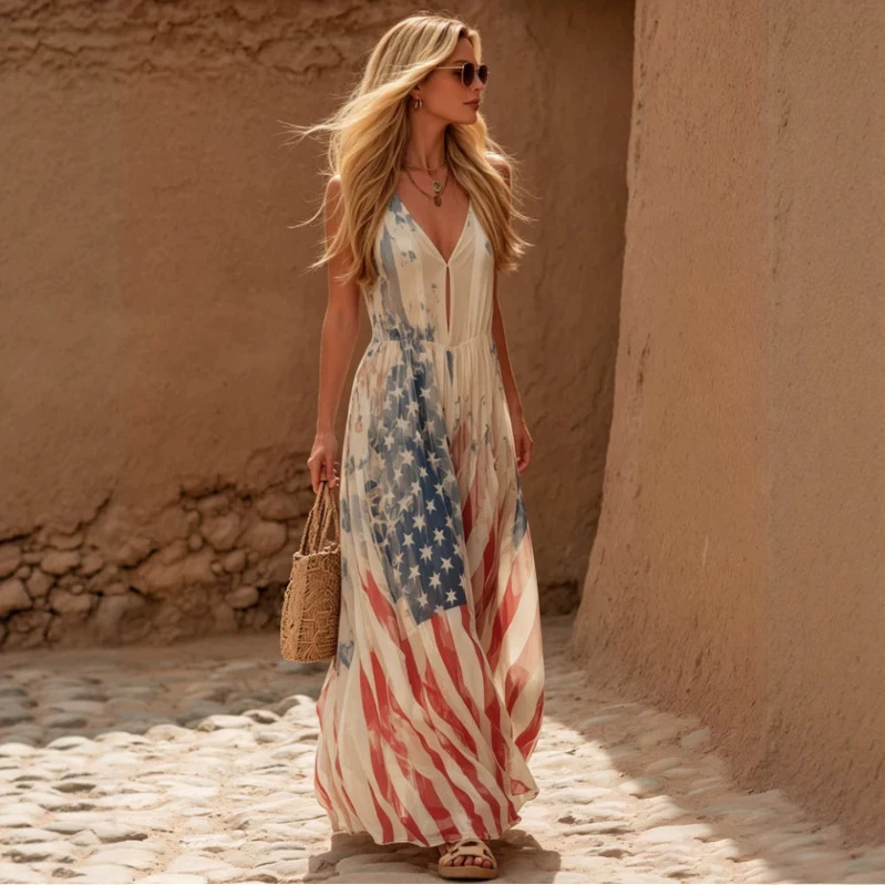 Retro V-Neck Flag Print Chiffon Sleeveless Maxi Dress