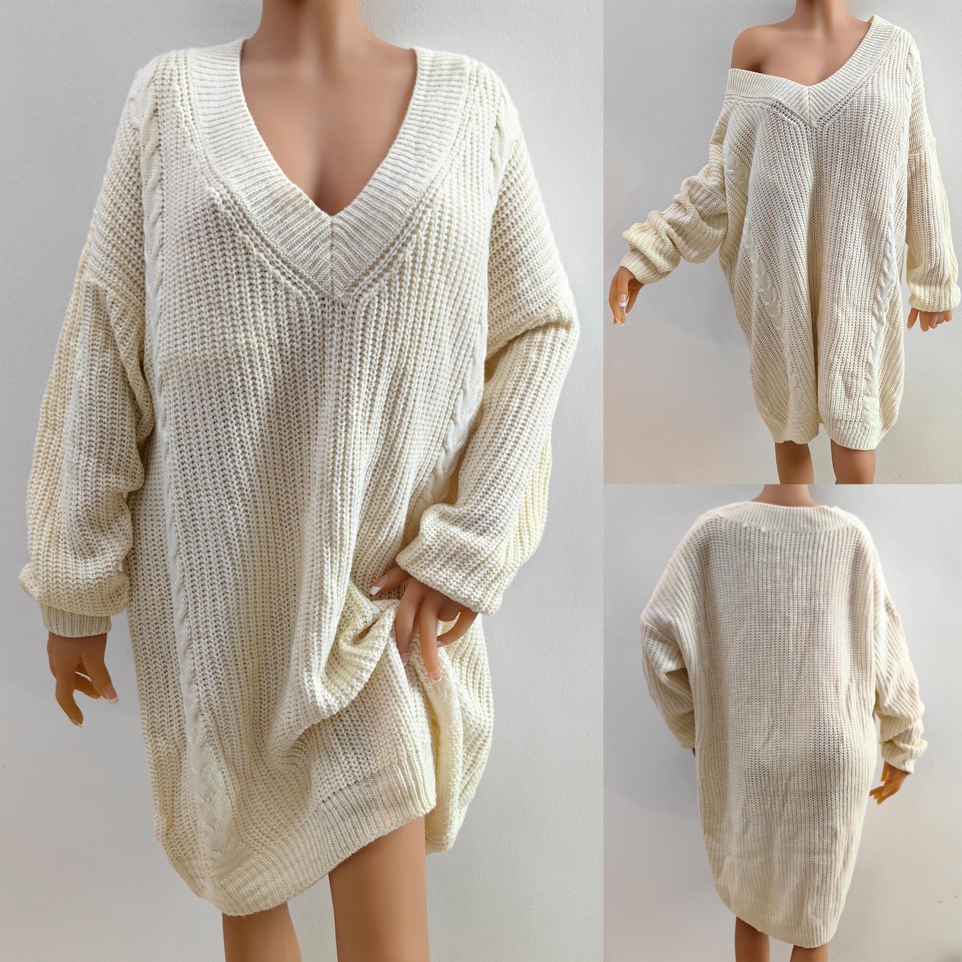 Plus Size Deep V-Neck Knit Sweater Dress Solid Loose Long Sleeve