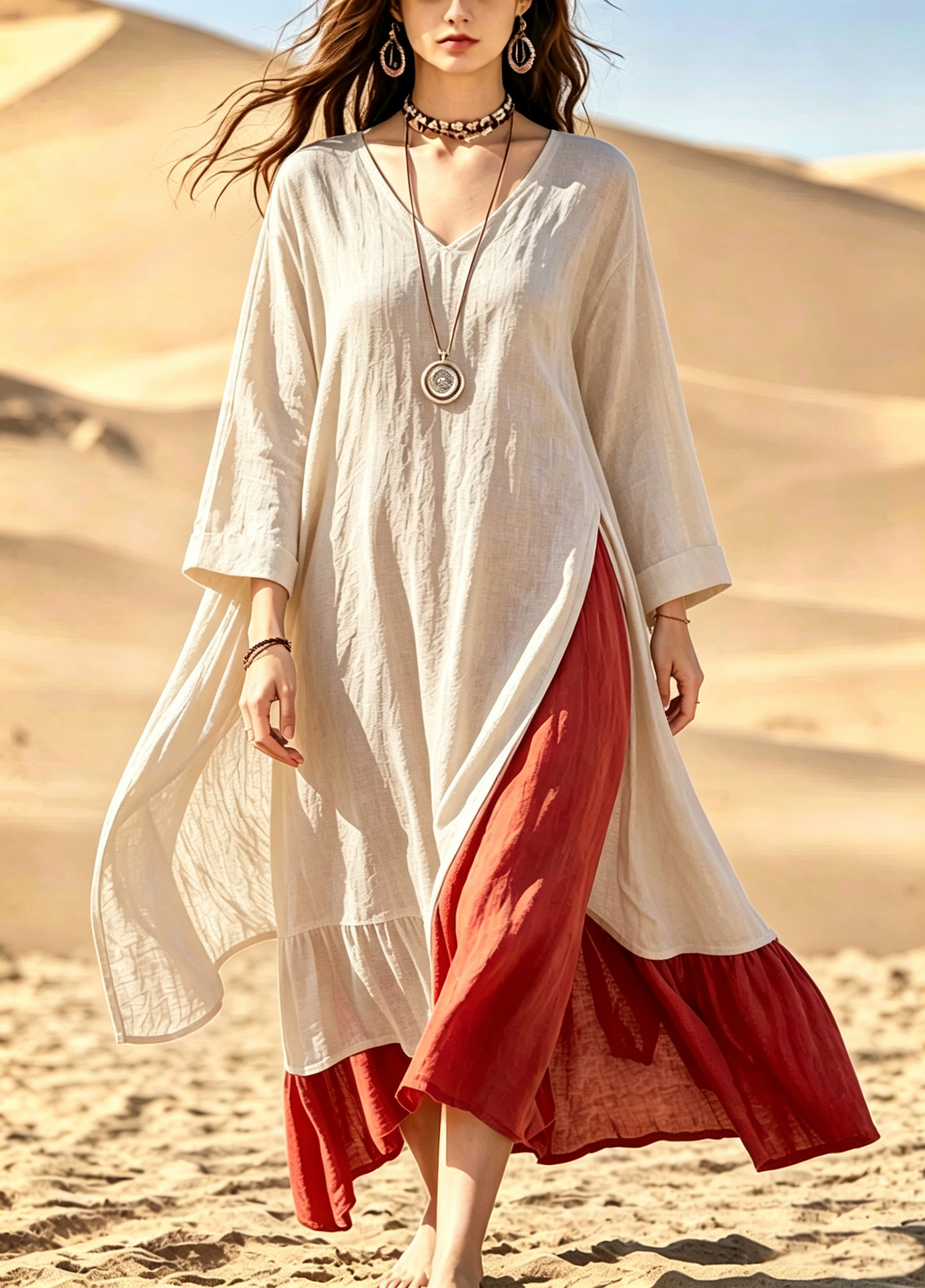 Bohemian Colorblock Patchwork Long Dress V-Neck Slit Beach Maxi