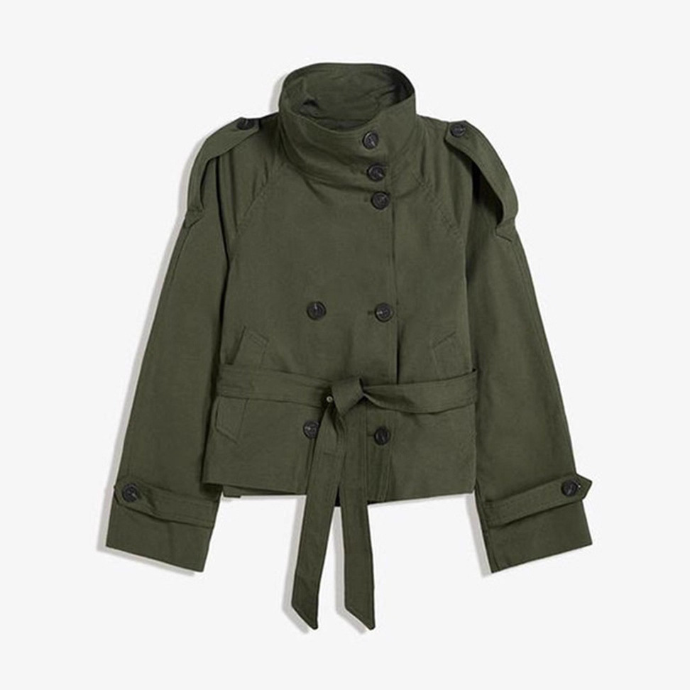 Women's Double-Breasted Belted Trench Coat with Stand Collar
