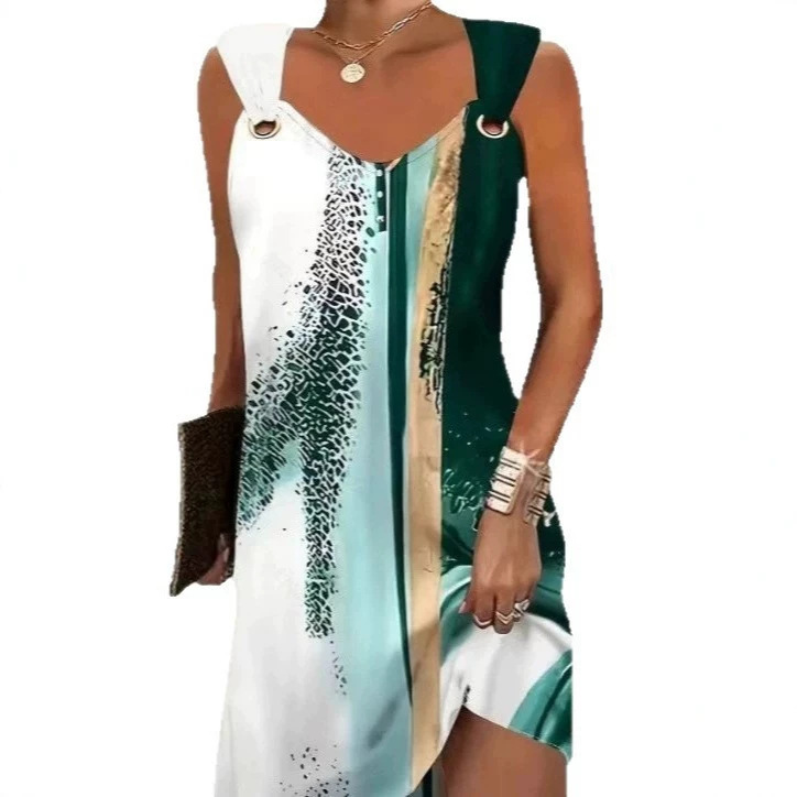 Elegant Sleeveless V-Neck Midi Dress with Metal Ring Detail