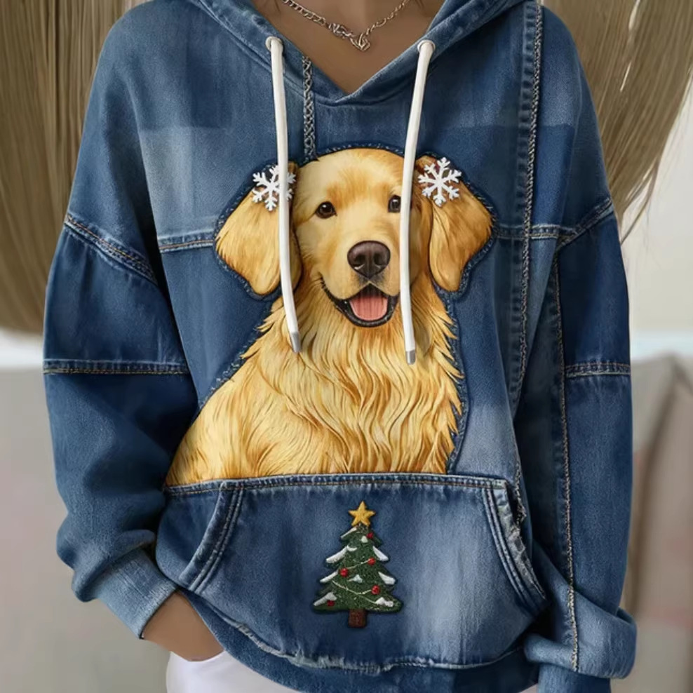 Women's Christmas Dog & Tree Print Hoodie