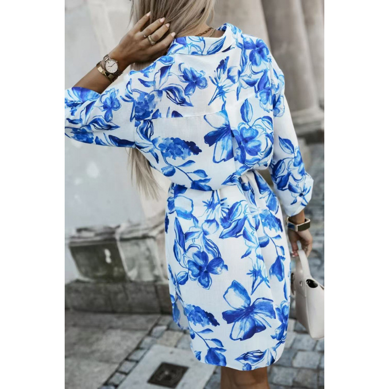 Long Sleeve Printed Shirt Dress High Neck Slim Fit