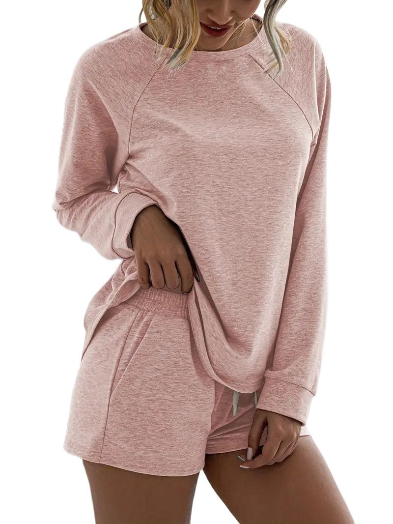 Women's Solid Color Two-Piece Lounge Set Long Sleeve Crewneck Top and Shorts