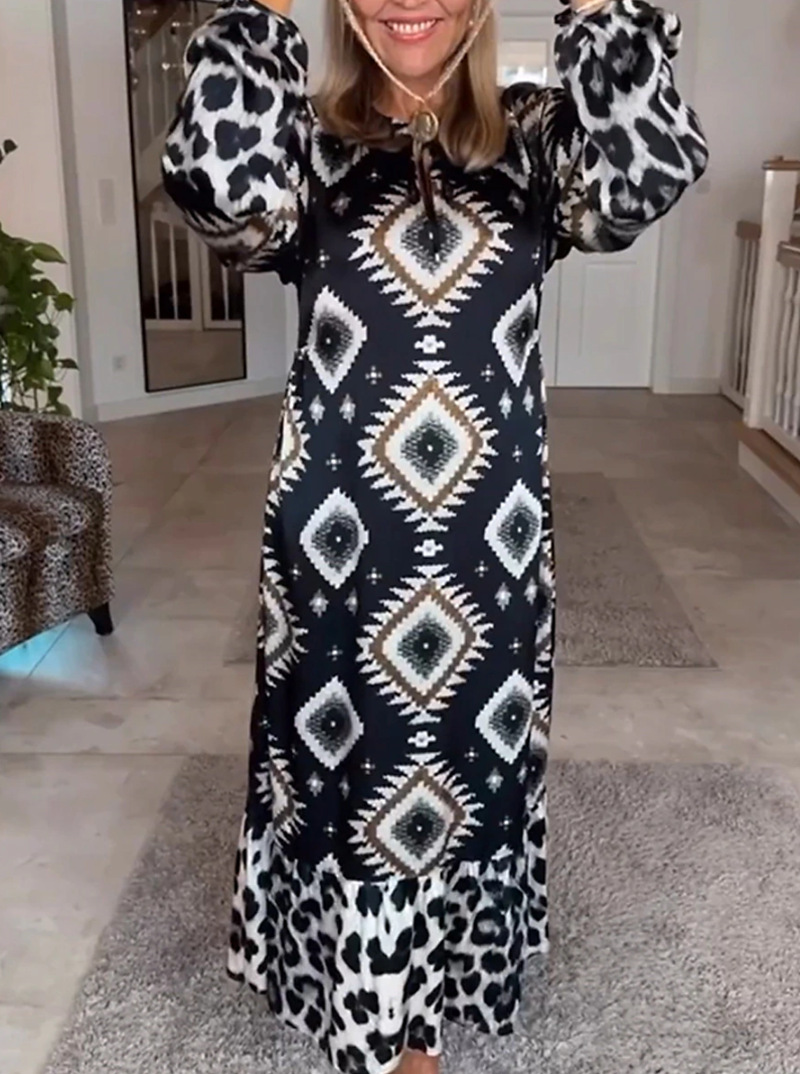 Women's Printed Long Sleeve Maxi Dress with Button Neck