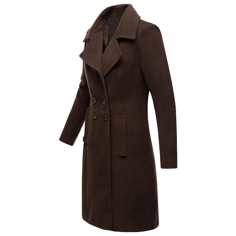 Women's Long Double-Breasted Wool-Blend Coat with Pockets