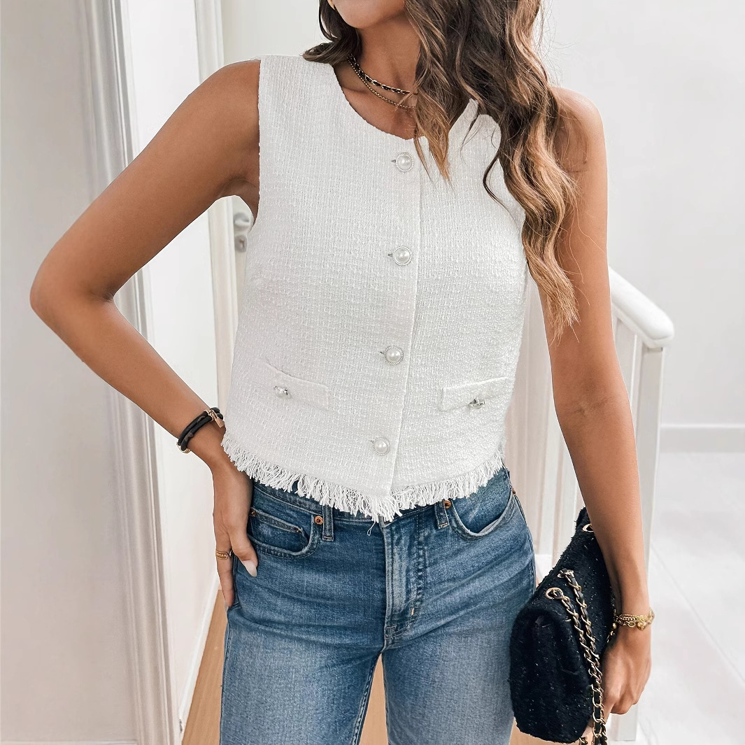 Women's Elegant Fringe Vest Short Slim Fit Round Neck Button-Up