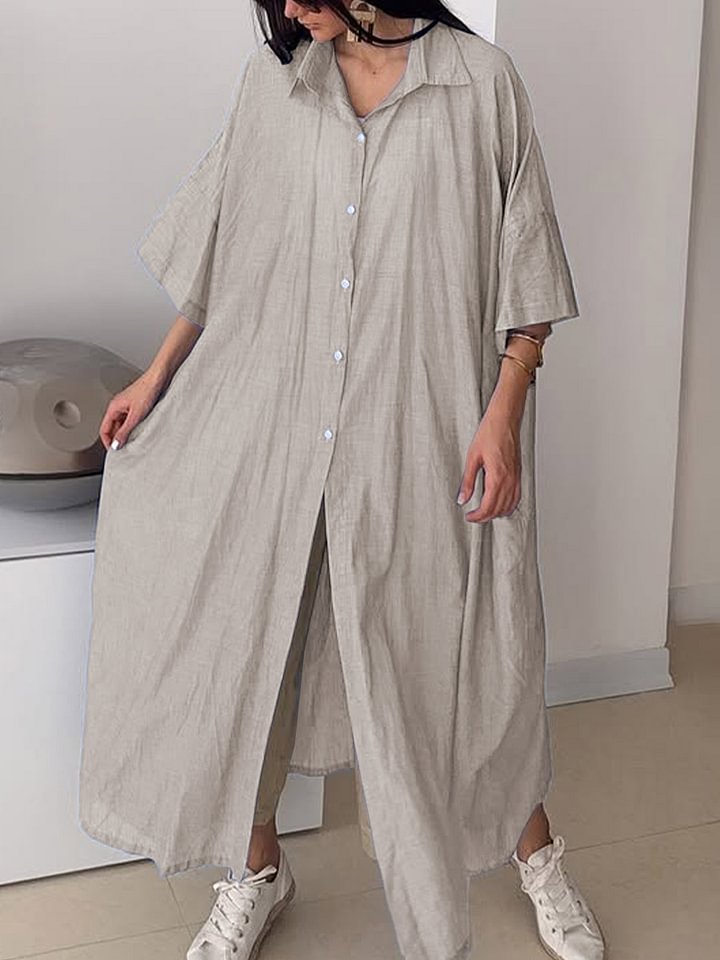 Women's Solid Cotton Linen Midi Shirt Dress Half Sleeve Casual