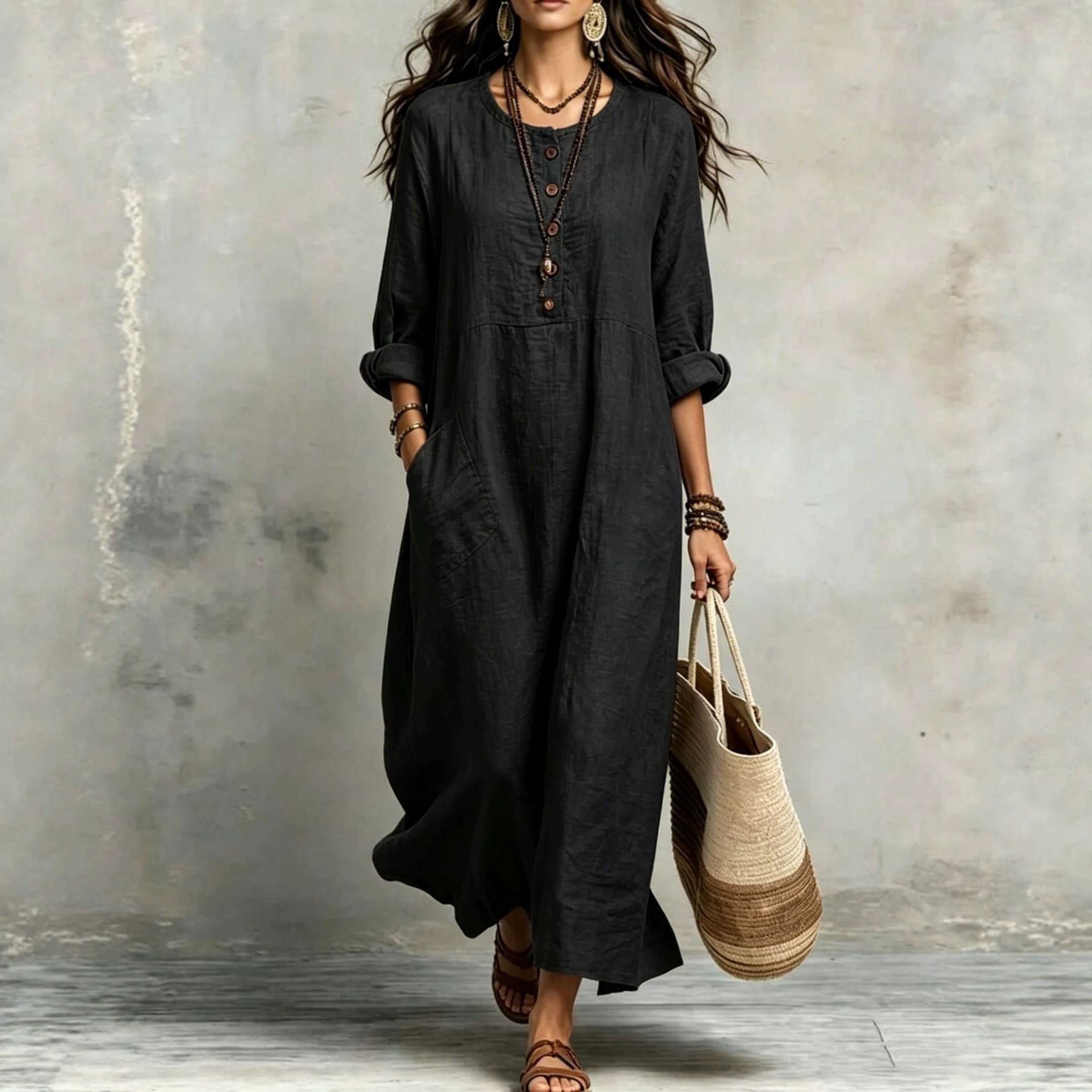 Women's Cotton-Linen Round Neck Long Sleeve Pocket Casual Dress