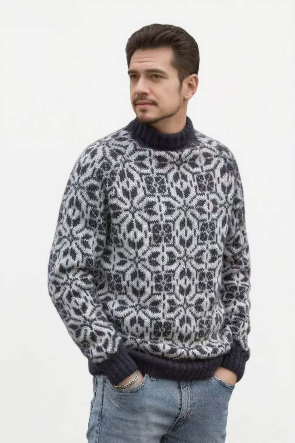 Retro Floral Jacquard Crewneck Pullover Sweater