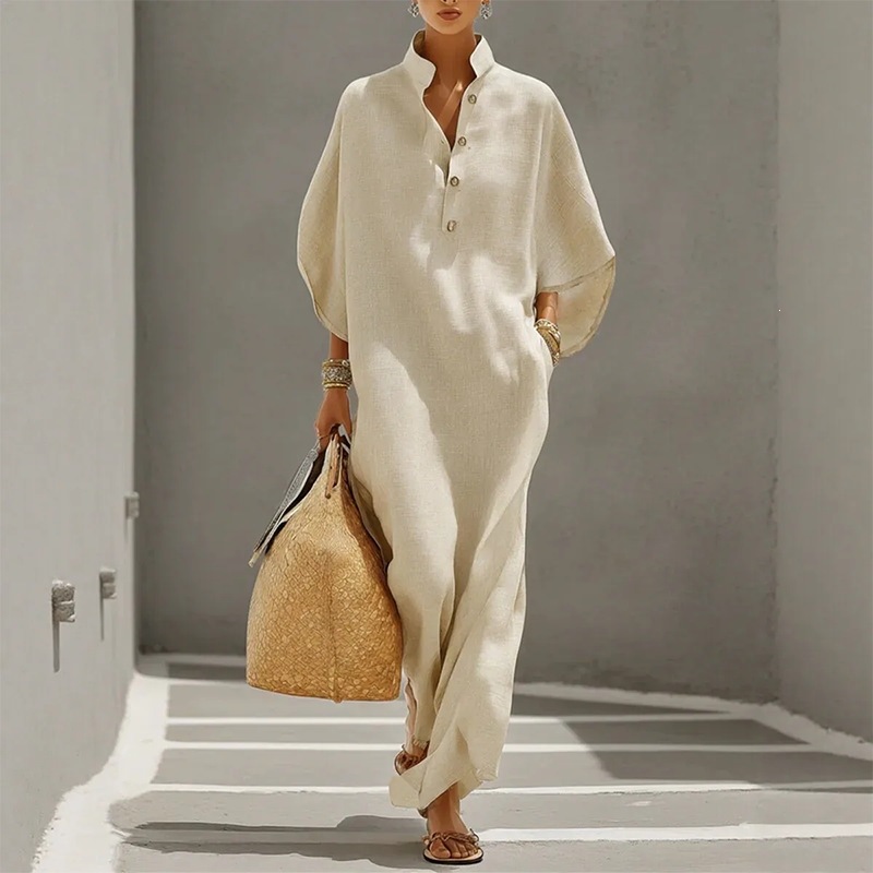 Women's Solid Color French-Style Long Dress with Collar and Long Sleeves