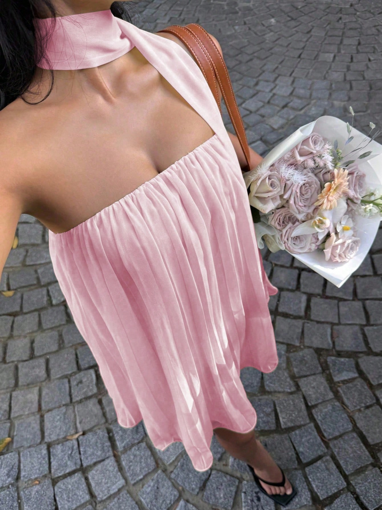 Women's Backless Chiffon Dress Halter Neck Sleeveless Bubble Hem Mini