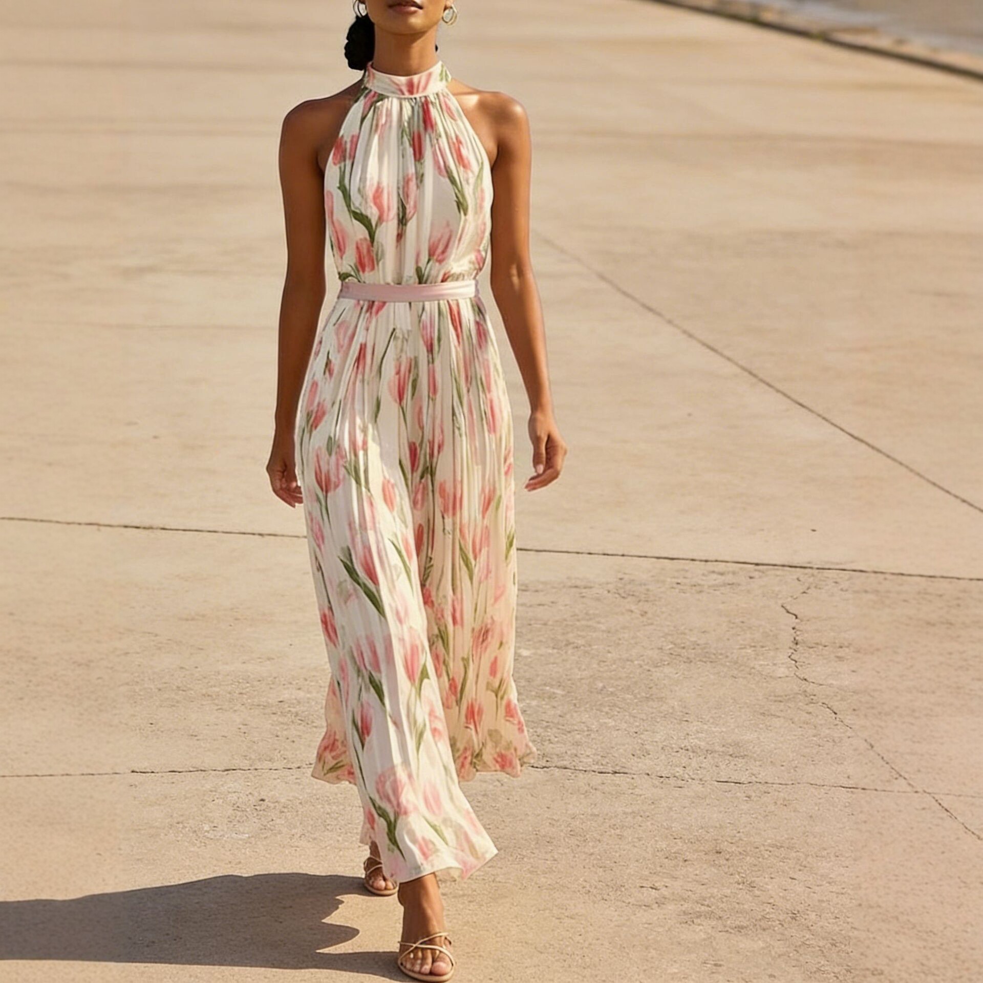 Women's Summer Halter Neck Floral Print Maxi Dress with Flowy Skirt