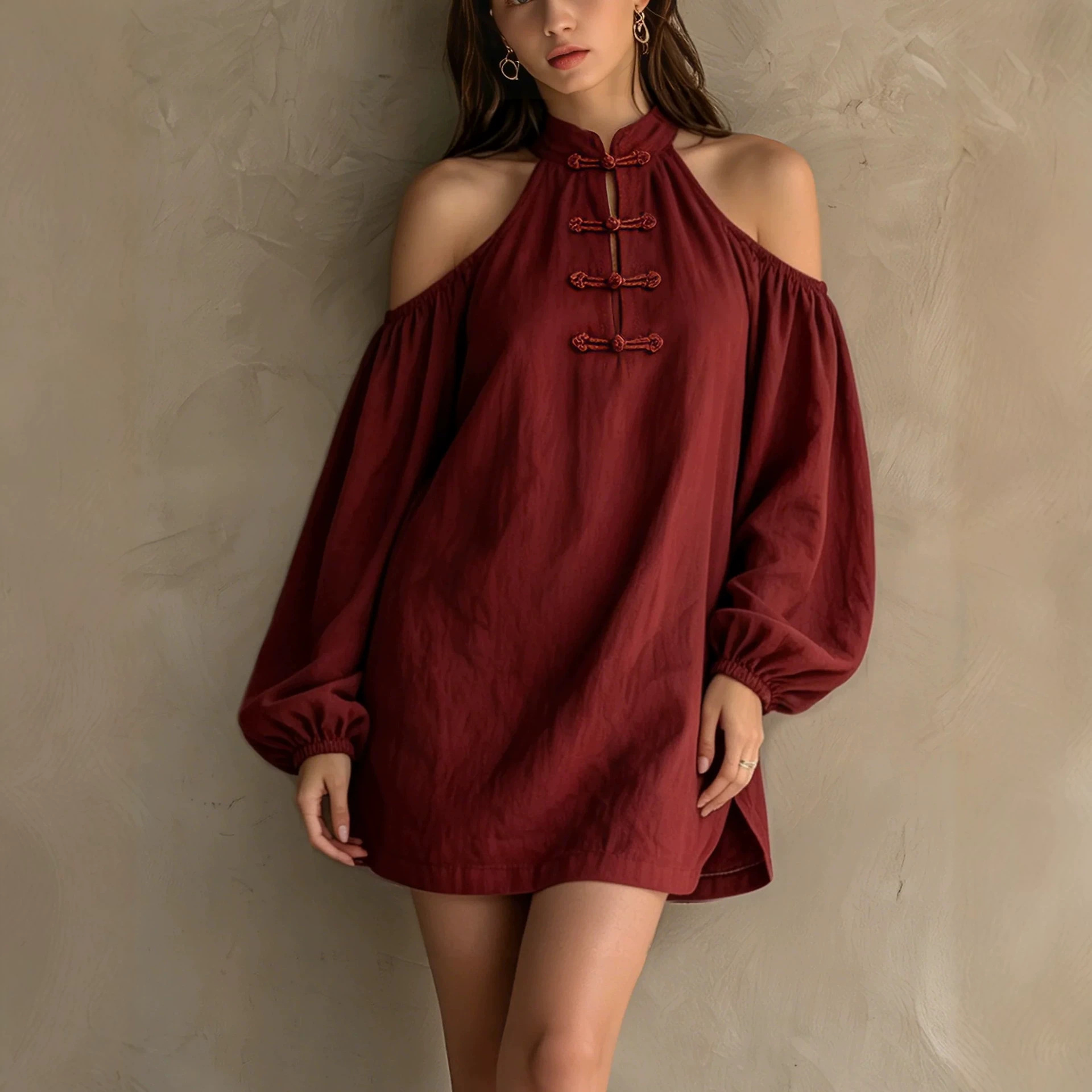 Women's Off-Shoulder Long Sleeve Solid Color Loose Cotton Linen Dress