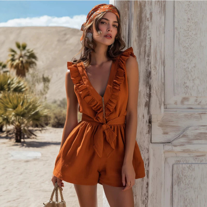 Vintage Orange Ruffle Sleeveless Cotton Linen Jumpsuit