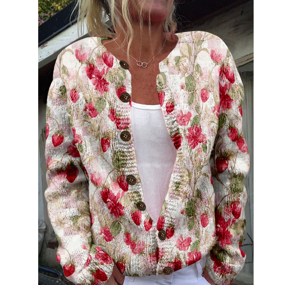 Women's Plaid Floral Print Button-Down Cardigan Sweater