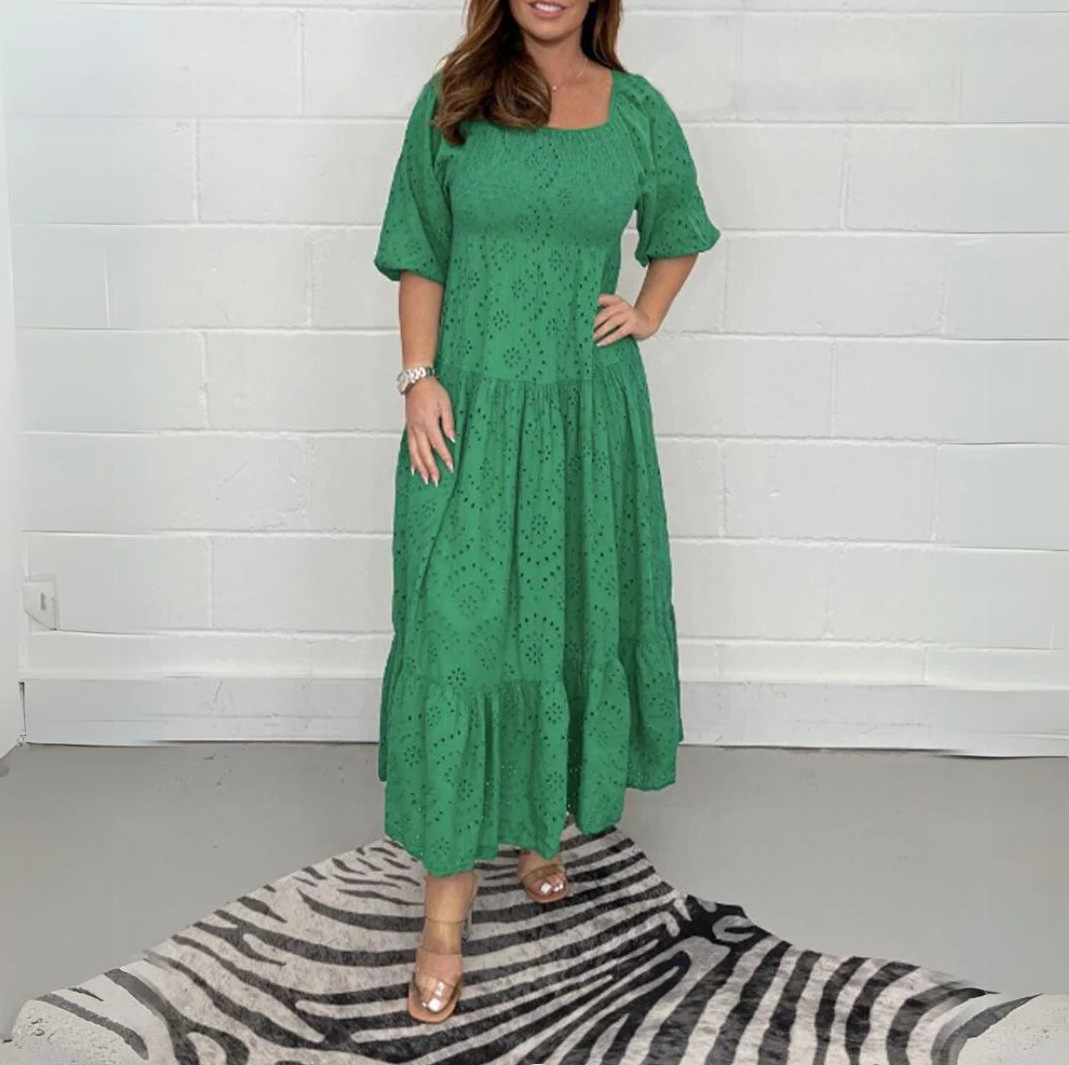 Solid Color Cutout U-Neck Bubble Sleeve Dress