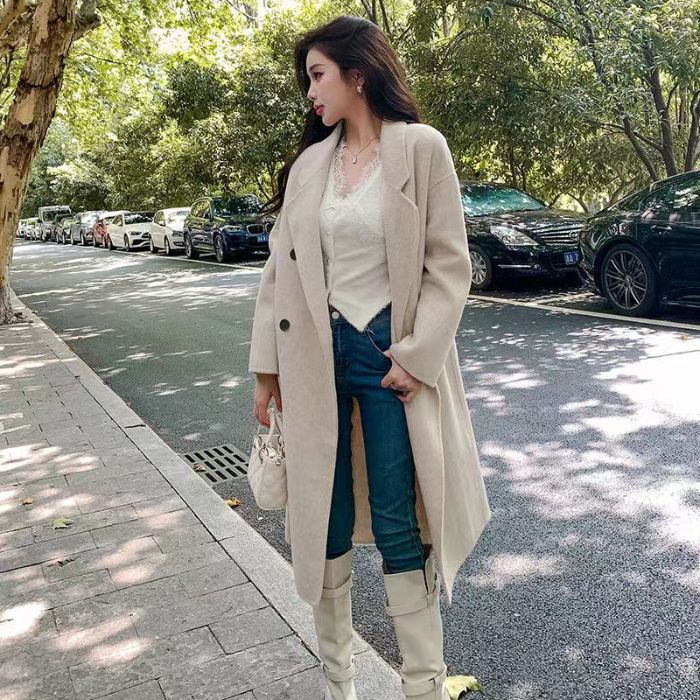 Purple Double-Faced Wool Coat Women's Mid-Length Loose Over-Knee