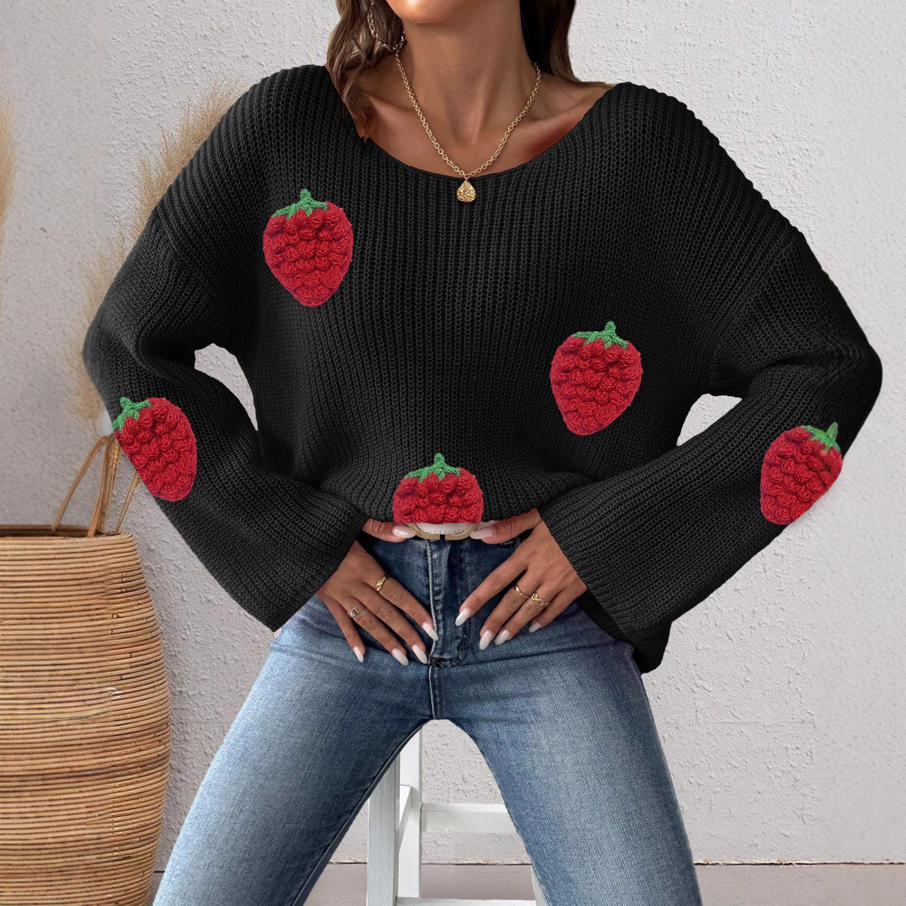 Women's Strawberry Applique Off-Shoulder Bell Sleeve Sweater