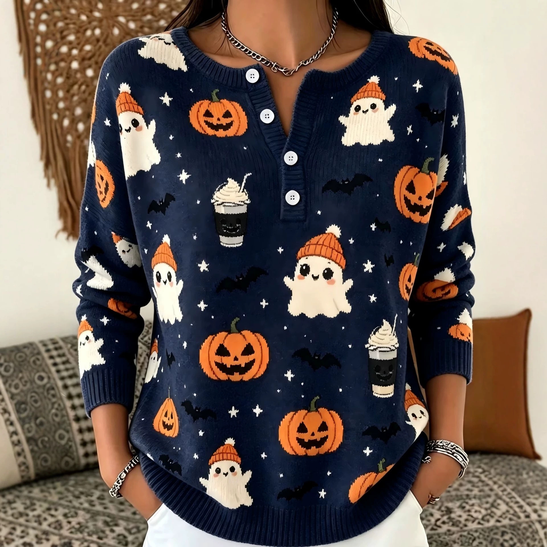 Women's Halloween Pumpkin Ghost Print Button Sweatshirt