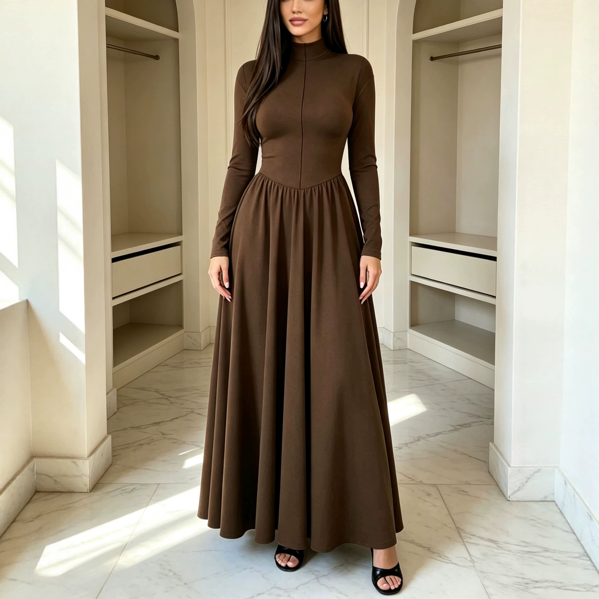 Elegant High Neck Long Sleeve Maxi Dress Stretch Slim Fit Flared Solid Color