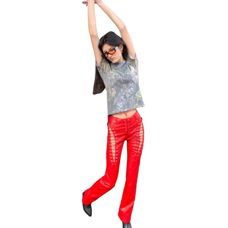 High-Waist Cutout Lace-Up Straight-Leg Slimming Faux Leather Pants