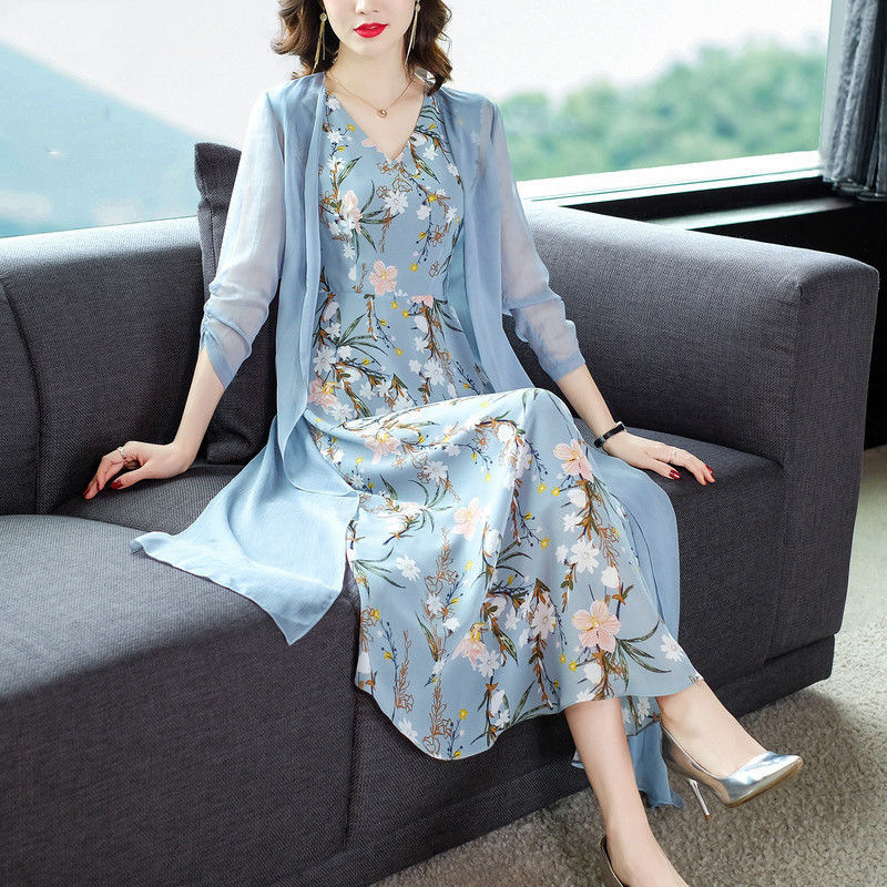 Women's Chiffon Two-Piece Dress Set with Floral Print and V-Neck