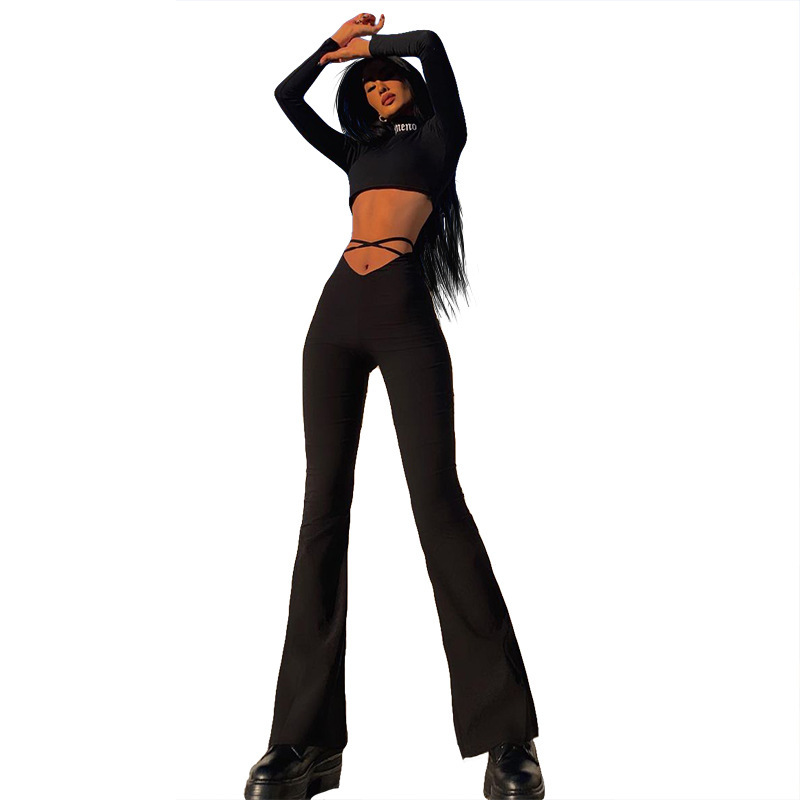 Women's Sexy High-Waist Cross-Strap Flare Pants Solid Casual Long Trousers