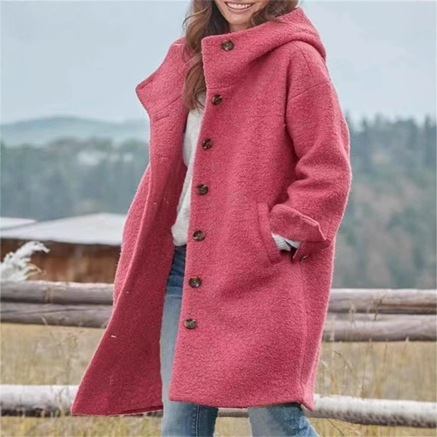 Women's Solid Hooded Long Wool Coat Casual Loose Fit